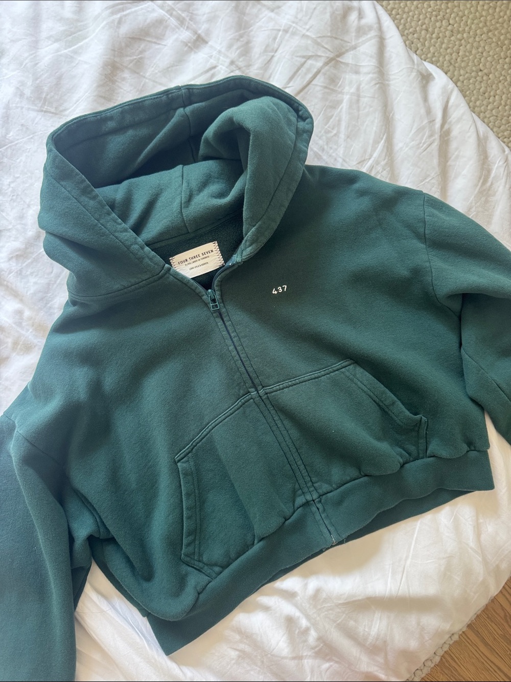 Forest Green Cropped Zip-Up Hoodie with Subtle Chest Embroidery